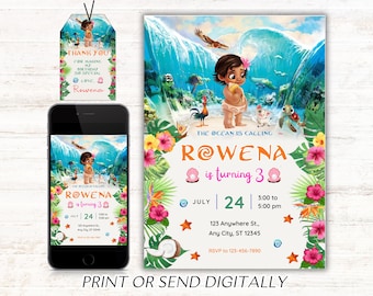 Baby Moana verjaardagsuitnodiging, bewerkbare digitale Hawaiian Moana verjaardagsuitnodiging, uitnodiging kinderthema feest, digitale baby Moana sjabloon