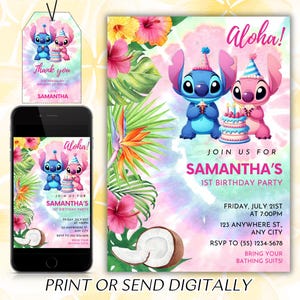 Stitch Birthday Invitation, Printable Lilo and Stitch Invitation, Kids Stitch Angel Birthday Invite, Aloha Stitch Birthday, Canva Template