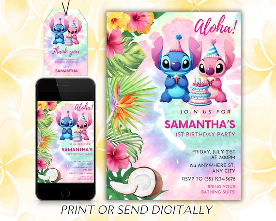 Stitch Birthday Invitation, Printable Lilo and Stitch Invitation, Kids Stitch Angel Birthday Invite, Aloha Stitch Birthday, Canva Template