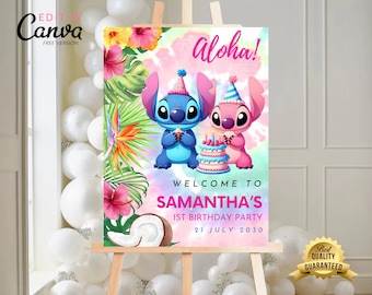 Letrero de bienvenida de cumpleaños de Stitch, póster imprimible de Lilo y Stitch, fiesta de cumpleaños infantil de ángel de Stitch, letrero de bienvenida Aloha Stitch, plantilla de Canva
