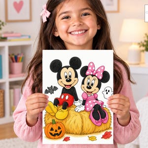 May include: A digital illustration print featuring Mickey and Minnie Mouse sitting on a haystack. Mickey wears red shorts and yellow shoes, while Minnie wears a pink polka-dot dress and bow. A jack-o'-lantern, a small bat, and a ghost are included.