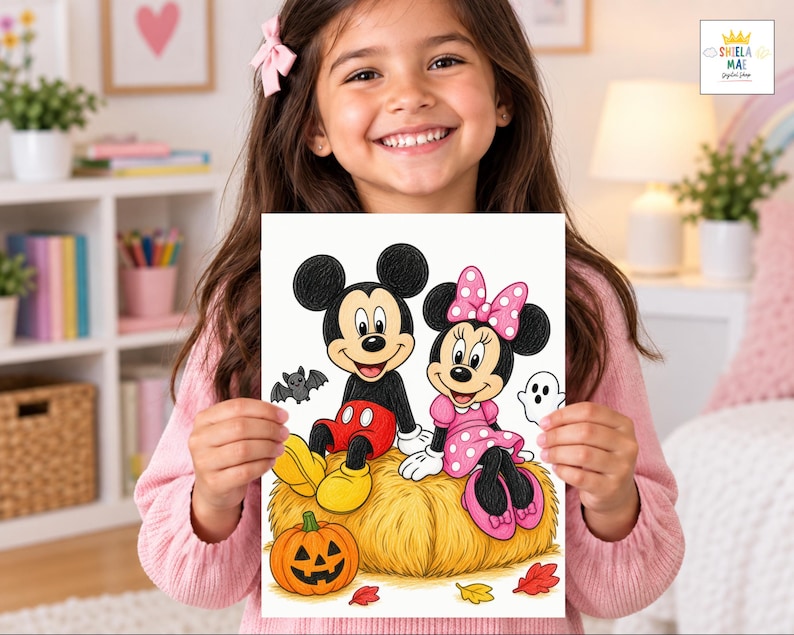 May include: A digital illustration print featuring Mickey and Minnie Mouse sitting on a haystack. Mickey wears red shorts and yellow shoes, while Minnie wears a pink polka-dot dress and bow. A jack-o'-lantern, a small bat, and a ghost are included.