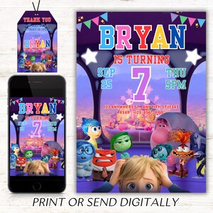 May include: Purple invitation with a colorful cartoon character theme. The invitation says "Bryan is turning 7" and includes a date and time. The invitation also features characters from the movie Inside Out.