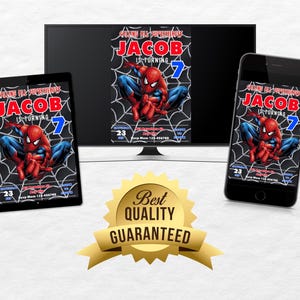 Peut inclure: Une invitation num&eacute;rique pour une f&ecirc;te d'anniversaire avec un personnage de Spiderman. L'invitation est pour Jacob qui a 7 ans. L'invitation est en rouge, bleu et noir avec un design de toile d'araign&eacute;e. Le texte sur l'invitation est "Trouvez tous les super-h&eacute;ros, Jacob a 7 ans".