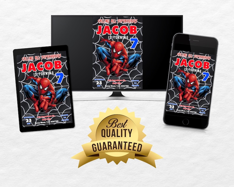 Peut inclure: Une invitation num&eacute;rique pour une f&ecirc;te d'anniversaire avec un personnage de Spiderman. L'invitation est pour Jacob qui a 7 ans. L'invitation est en rouge, bleu et noir avec un design de toile d'araign&eacute;e. Le texte sur l'invitation est "Trouvez tous les super-h&eacute;ros, Jacob a 7 ans".
