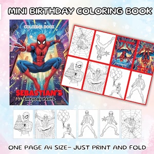 May include: A mini birthday coloring book featuring Spider-Man. The cover shows Spider-Man in a dynamic pose with the text "Sebastian's Birthday Party." Inside, there are multiple coloring pages with Spider-Man illustrations. The text "One Page A4 Size - Just Print and Fold" is also visible.