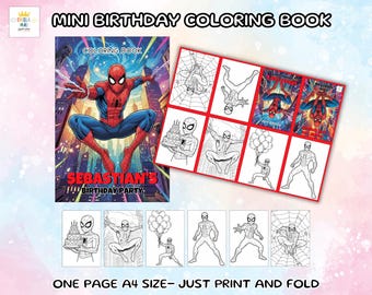 May include: A mini birthday coloring book featuring Spider-Man. The cover shows Spider-Man in a dynamic pose with the text "Sebastian's Birthday Party." Inside, there are multiple coloring pages with Spider-Man illustrations. The text "One Page A4 Size - Just Print and Fold" is also visible.