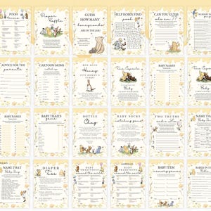 May include: A set of baby shower game cards with a Winnie the Pooh theme. Games include "Diaper Raffle" and "Guess How Many Honeycombs." The cards have a yellow floral border and illustrations of Pooh and friends. Measurements are not applicable.