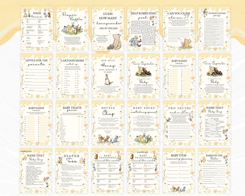 May include: A set of baby shower game cards with a Winnie the Pooh theme. Games include "Diaper Raffle" and "Guess How Many Honeycombs." The cards have a yellow floral border and illustrations of Pooh and friends. Measurements are not applicable.