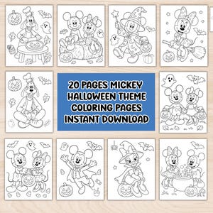 May include: A collection of 20 Mickey Halloween theme coloring pages featuring black and white line art illustrations of characters like Mickey, Minnie, and Goofy in costumes with pumpkins, ghosts, and bats. The text reads 20 PAGES MICKEY HALLOWEEN THEME COLORING PAGES INSTANT DOWNLOAD.