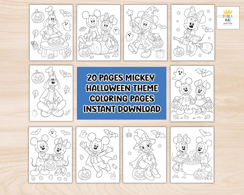 May include: A collection of 20 Mickey Halloween theme coloring pages featuring black and white line art illustrations of characters like Mickey, Minnie, and Goofy in costumes with pumpkins, ghosts, and bats. The text reads 20 PAGES MICKEY HALLOWEEN THEME COLORING PAGES INSTANT DOWNLOAD.