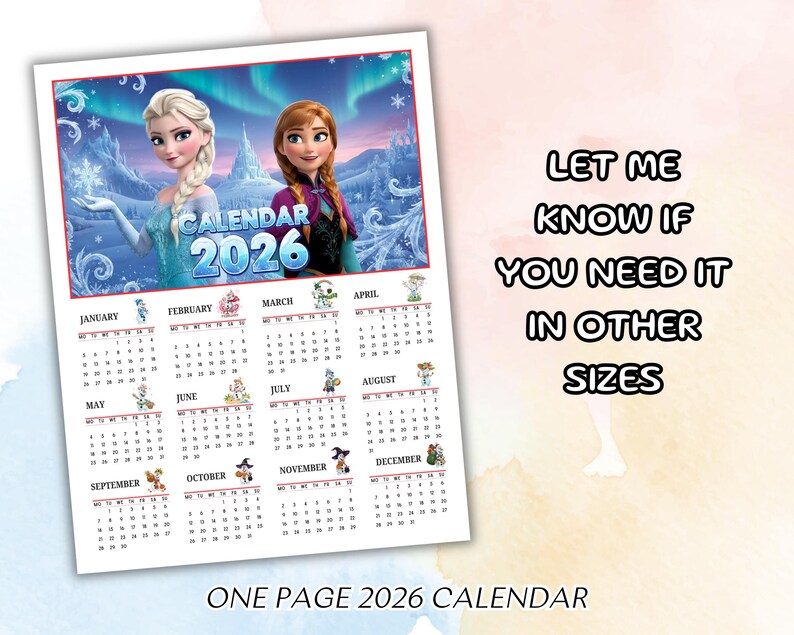 Calendrier de la Reine des neiges 2026, calendrier imprimable 2026 — free download