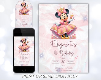 Editable Pink Minnie Mouse Birthday Invitation, Watercolor Girls Birthday Invitation, Printable Invitation, Pink Minnie Invitation