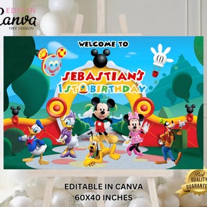Puede incluir: Un colorido cartel de cumpleaños con Mickey Mouse y sus amigos. El cartel dice "Bienvenido al 1er cumpleaños de Sebastián" y mide 152 x 102 cm. El diseño incluye personajes de dibujos animados y colores vibrantes.