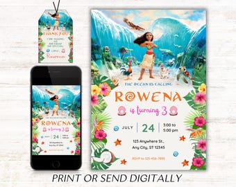 Moana-uitnodiging, digitale uitnodiging voor kinderen, Moana-feestuitnodiging, voor meisje uit te nodigen, bewerkbaar in Canva, moderne verjaardagssjabloon afdrukbare
