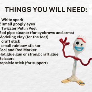 Może przedstawiać: Lista materiał&oacute;w zatytułowana THINGS YOU WILL NEED: 1 biały spork, 2 małe ruchome oczka, 1 Twizzler Pull n Peel, czerwony czyścik do fajek, masa plastyczna, 1 patyczek do prac ręcznych, 1 mała naklejka tęcza, markery, klej, nożyczki i patyczek.