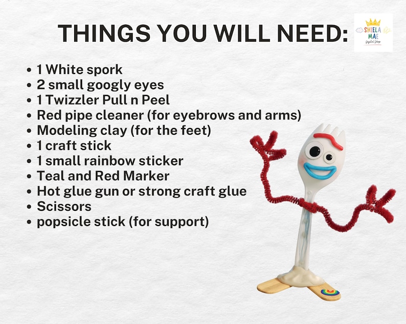 Może przedstawiać: Lista materiał&oacute;w zatytułowana THINGS YOU WILL NEED: 1 biały spork, 2 małe ruchome oczka, 1 Twizzler Pull n Peel, czerwony czyścik do fajek, masa plastyczna, 1 patyczek do prac ręcznych, 1 mała naklejka tęcza, markery, klej, nożyczki i patyczek.