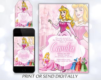 May include: Pink princess-themed birthday party invitation, tag, and digital display. The invitation features a cartoon princess in a pink dress, with the text "You are invited to the Magical 7th Birthday Story of Camila". The tag reads "Thank you for making my birthday special!"