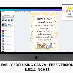 May include: A digital print displayed on a computer screen. The print features the text "HOW MANY CANDIES ARE IN THE BOTTLE" with a quote from Winnie the Pooh. The design includes illustrations of Winnie the Pooh characters and floral accents. The text "EASILY EDIT USING CANVA - FREE VERSION" is at the bottom.