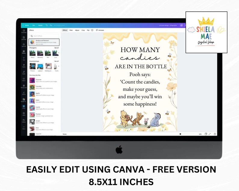 May include: A digital print displayed on a computer screen. The print features the text "HOW MANY CANDIES ARE IN THE BOTTLE" with a quote from Winnie the Pooh. The design includes illustrations of Winnie the Pooh characters and floral accents. The text "EASILY EDIT USING CANVA - FREE VERSION" is at the bottom.