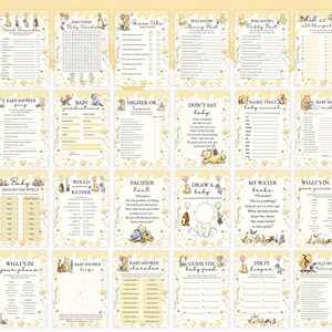 May include: A set of baby shower game cards featuring Winnie the Pooh characters and a yellow floral design. Games include "Baby Bingo," "Guess the Baby Food," and "Who Knows Mommy Best?"