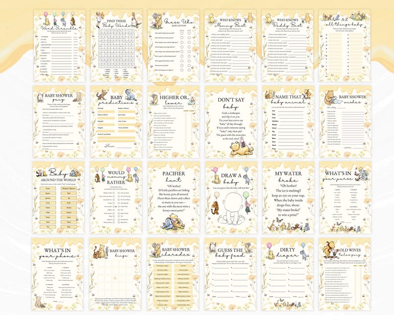 May include: A set of baby shower game cards featuring Winnie the Pooh characters and a yellow floral design. Games include "Baby Bingo," "Guess the Baby Food," and "Who Knows Mommy Best?"