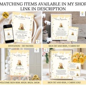 May include: A selection of Winnie the Pooh themed baby shower stationery. Includes invitations, welcome signs, and cards. The designs feature a yellow and white colour scheme with illustrations of Pooh Bear and honey pots. Text includes "Our little honey" and "Welcome to Camila's Baby Shower".