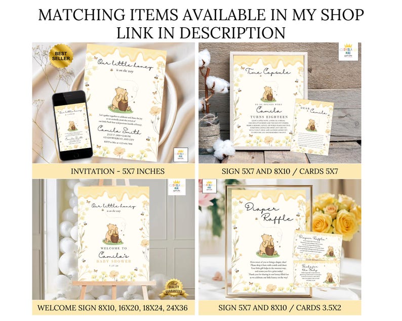 May include: A selection of Winnie the Pooh themed baby shower stationery. Includes invitations, welcome signs, and cards. The designs feature a yellow and white colour scheme with illustrations of Pooh Bear and honey pots. Text includes "Our little honey" and "Welcome to Camila's Baby Shower".