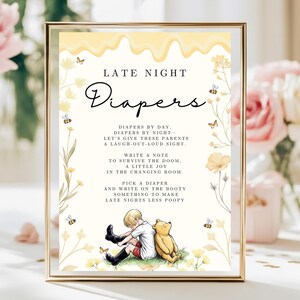 May include: A framed sign with the words "LATE NIGHT Diapers" in elegant script. The sign features a Winnie the Pooh illustration and whimsical floral and bee accents. The text includes a poem about diapers.