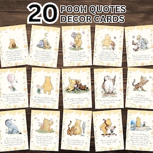May include: Twenty Winnie the Pooh quote decor cards. Each card features a different illustration of Pooh and friends with a quote. The cards have a yellow border with floral accents and the text "20 POOH QUOTES DECOR CARDS" at the top.
