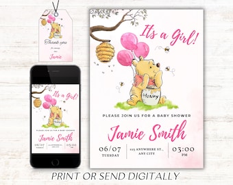Editable Winnie the Pooh Baby Shower Invitation, Digital Invitation Oh Boy, Winnie The Pooh Invitation, Pooh Printable Template, Pooh Blue