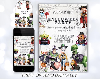 May include: Halloween party invitation featuring Toy Story characters. The invitation includes the text "You are invited Halloween Party" and event details. A matching tag with "Thank You" is also shown, along with a smartphone displaying the invitation.