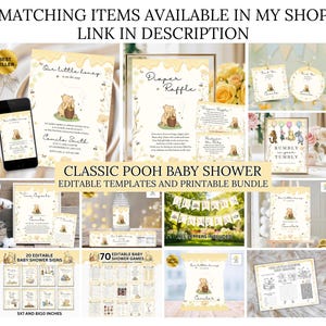 May include: A selection of Classic Pooh-themed baby shower items, including invitations, signs, and games. The designs feature illustrations of Winnie the Pooh in a yellow and cream color scheme. Text includes "Our little honey" and "Rumbly in your Tumbly".