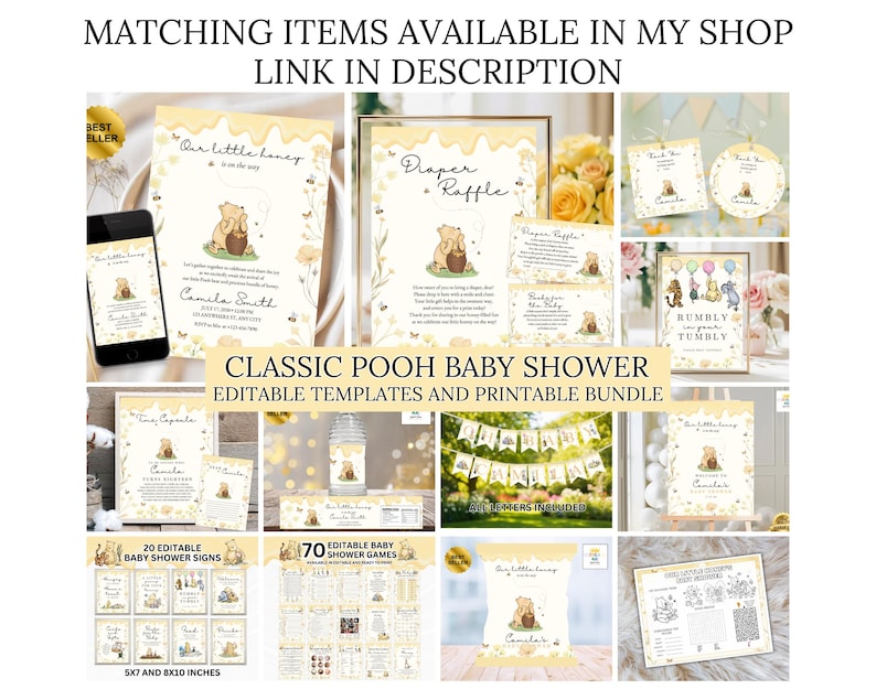 May include: A selection of Classic Pooh-themed baby shower items, including invitations, signs, and games. The designs feature illustrations of Winnie the Pooh in a yellow and cream color scheme. Text includes "Our little honey" and "Rumbly in your Tumbly".