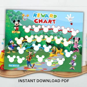 May include: A colorful reward chart featuring Mickey Mouse and friends. The chart has a blue sky background with green trees and a path. The text "REWARD CHART" is at the top. The chart includes spaces for rewards and the phrase "You did it!"