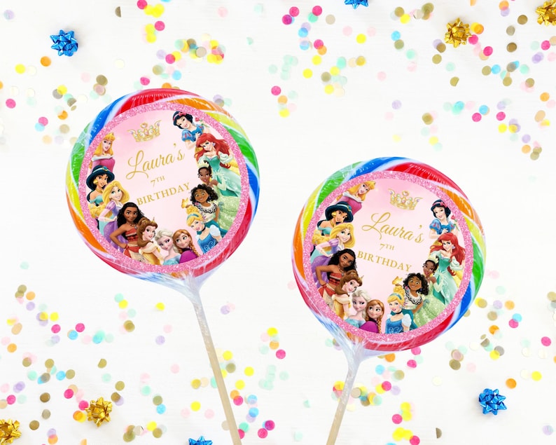 May include: A pink and rainbow swirl lollipop with a picture of Disney princesses and the text "Laura's 7th Birthday".