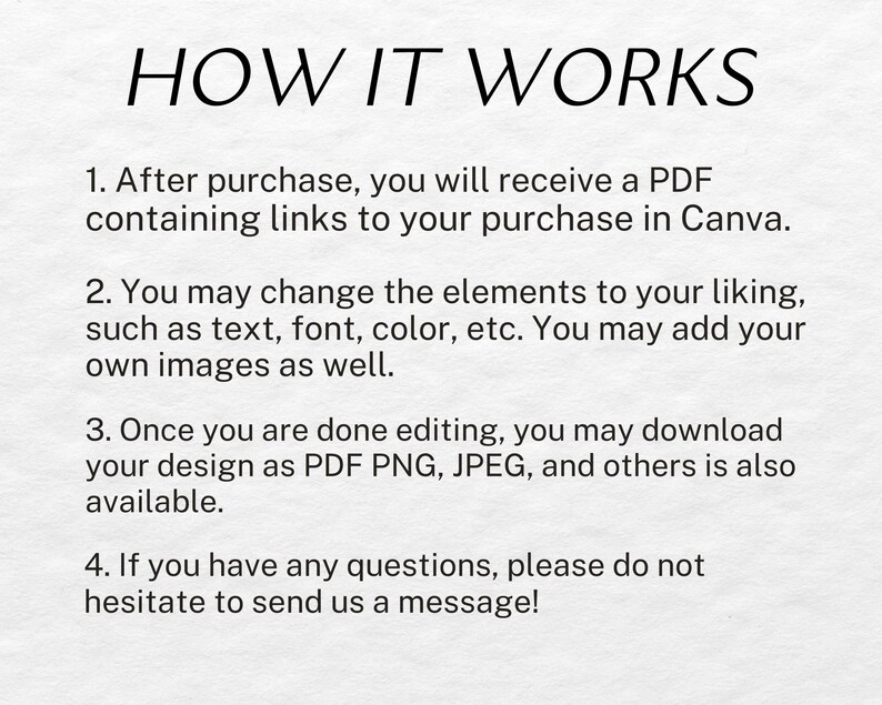 May include: A white background with black text that reads "HOW IT WORKS" at the top. Below, numbered steps explain the process: receiving a PDF, changing elements, downloading the design, and contacting for questions.