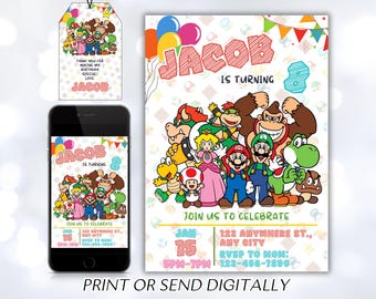 Invito di Mario, invito di compleanno stampabile, invito modificabile, compleanno per bambina, festa di Mario Bros, invito a tema videogiochi, super template