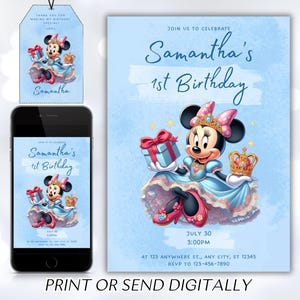 Editable Blue Minnie Mouse Birthday Invitation, Watercolor Girls Birthday Invitation, Printable Invitation, Pink Minnie Invitation