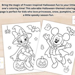 May include: Two white coloring pages featuring black line art. One page shows a duck character in a witch hat and cape sitting on a pumpkin with a spider and bat. The other page shows a mouse character in a tuxedo and cape with a pumpkin, ghost, and bat.