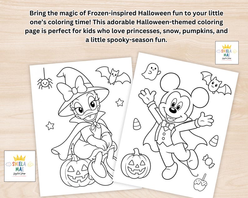 May include: Two white coloring pages featuring black line art. One page shows a duck character in a witch hat and cape sitting on a pumpkin with a spider and bat. The other page shows a mouse character in a tuxedo and cape with a pumpkin, ghost, and bat.