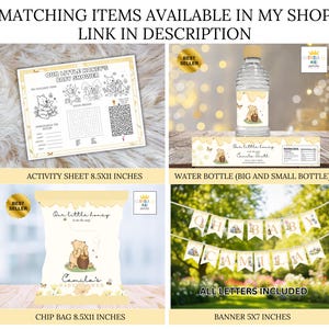 May include: Baby shower party supplies with a Winnie the Pooh theme. The set includes an activity sheet, water bottle, chip bag, and banner. The banner reads "OH BABY CAMILA". The activity sheet measures 21.6 x 27.9 cm.