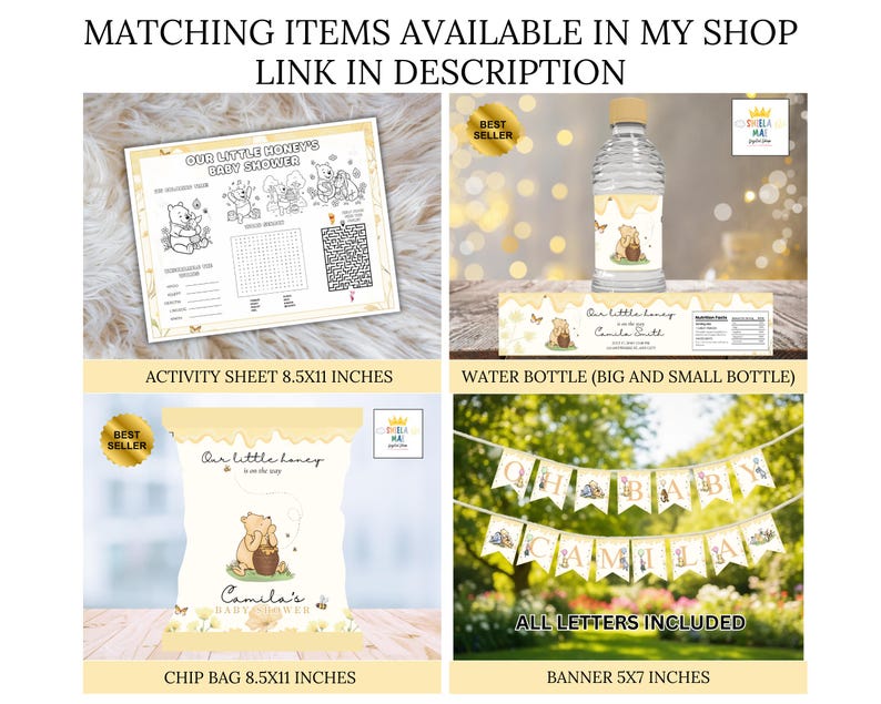 May include: Baby shower party supplies with a Winnie the Pooh theme. The set includes an activity sheet, water bottle, chip bag, and banner. The banner reads "OH BABY CAMILA". The activity sheet measures 21.6 x 27.9 cm.