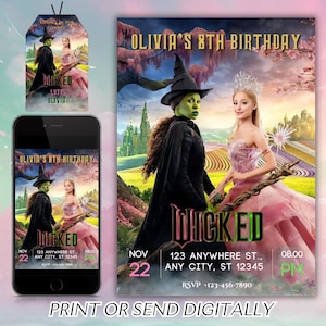 Wicked Geburtstagsfeier-Einladung, Wicked Party-Einladung, WICKED inspirierte Kinokarte, Elphaba & Glinda Theme, Filmparty, Canva Editable