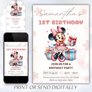 Editable Minnie Mouse Birthday Invitation, Watercolor Girls Birthday Invitation, Printable Invitation, Pink Minnie Invitation
