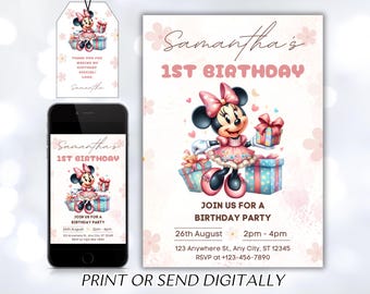Editable Minnie Mouse Birthday Invitation, Watercolor Girls Birthday Invitation, Printable Invitation, Pink Minnie Invitation