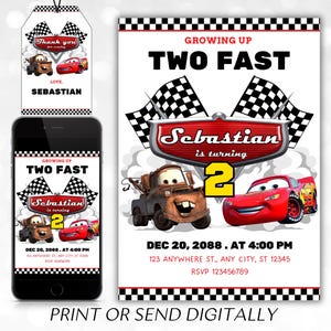Cars verjaardagsuitnodiging, Lightning Mcqueen verjaardag, auto's feest uitnodiging, tweede verjaardagsuitnodiging, twee snel, 2, auto's trekken