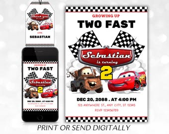 Cars Birthday Party Invitation, Lightning Mcqueen Birthday, Cars Party Invite, Second Birthday Party Invitation, Two Fast, 2, Tow Mater Cars