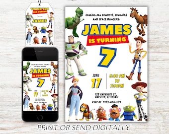 Szablon zaproszenia urodzinowego Toy Story, zaproszenie Toy Story, etykieta z podziękowaniami Toy Story, edytowalne zaproszenie urodzinowe Toy Story