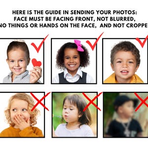 Op de afbeelding: Een gids voor het verzenden van foto's met voorbeelden. De tekst luidt: GEZICHT MOET VOORUIT STAAN, NIET ONSCHERP, GEEN DINGEN OF HANDEN OP HET GEZICHT, EN NIET BIJGESNEDEN. De afbeelding toont voorbeelden van acceptabele en onacceptabele foto's.